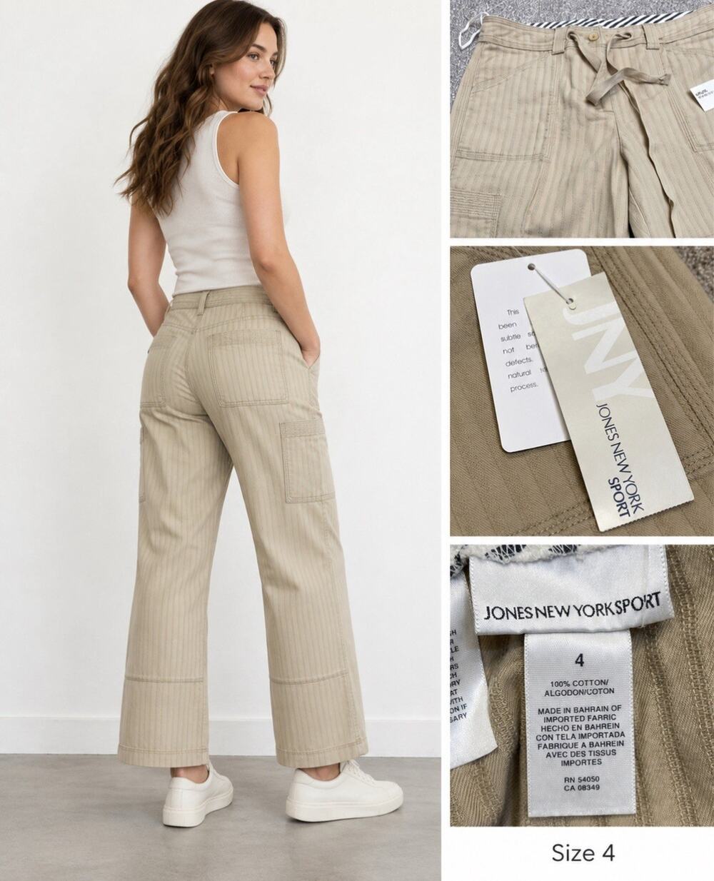 NWT Preppy Jones New York Sport Women's Wide Leg Cargo Pants Size 4 Khaki Cotton